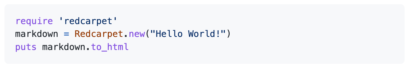 Screenshot of three lines of Ruby code. Elements of the code display in purple, blue, and red type, making the lines more visually scannable.