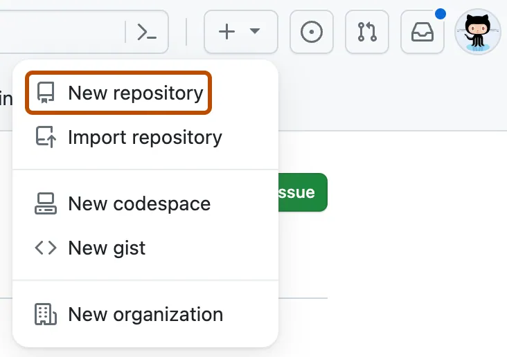 Screenshot of the icon for creating a new repository from the + on the upper-right corner of any page.