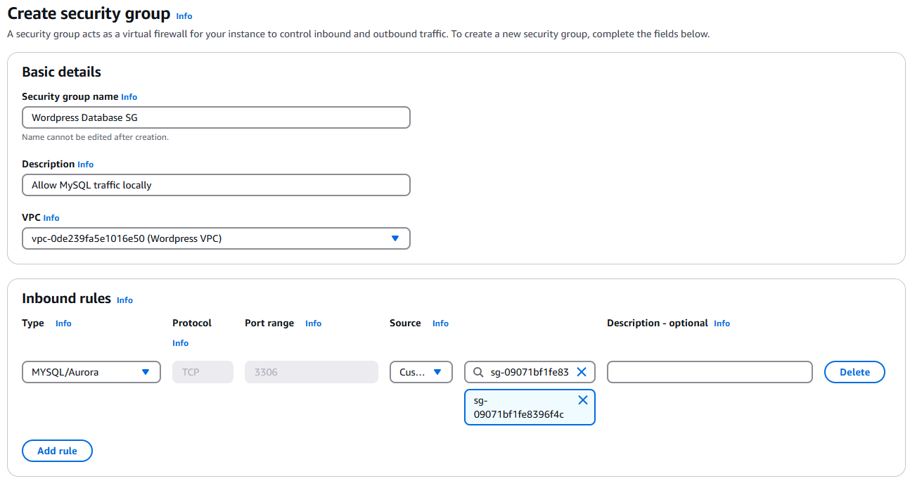 Wordpress Database Inbound Rules