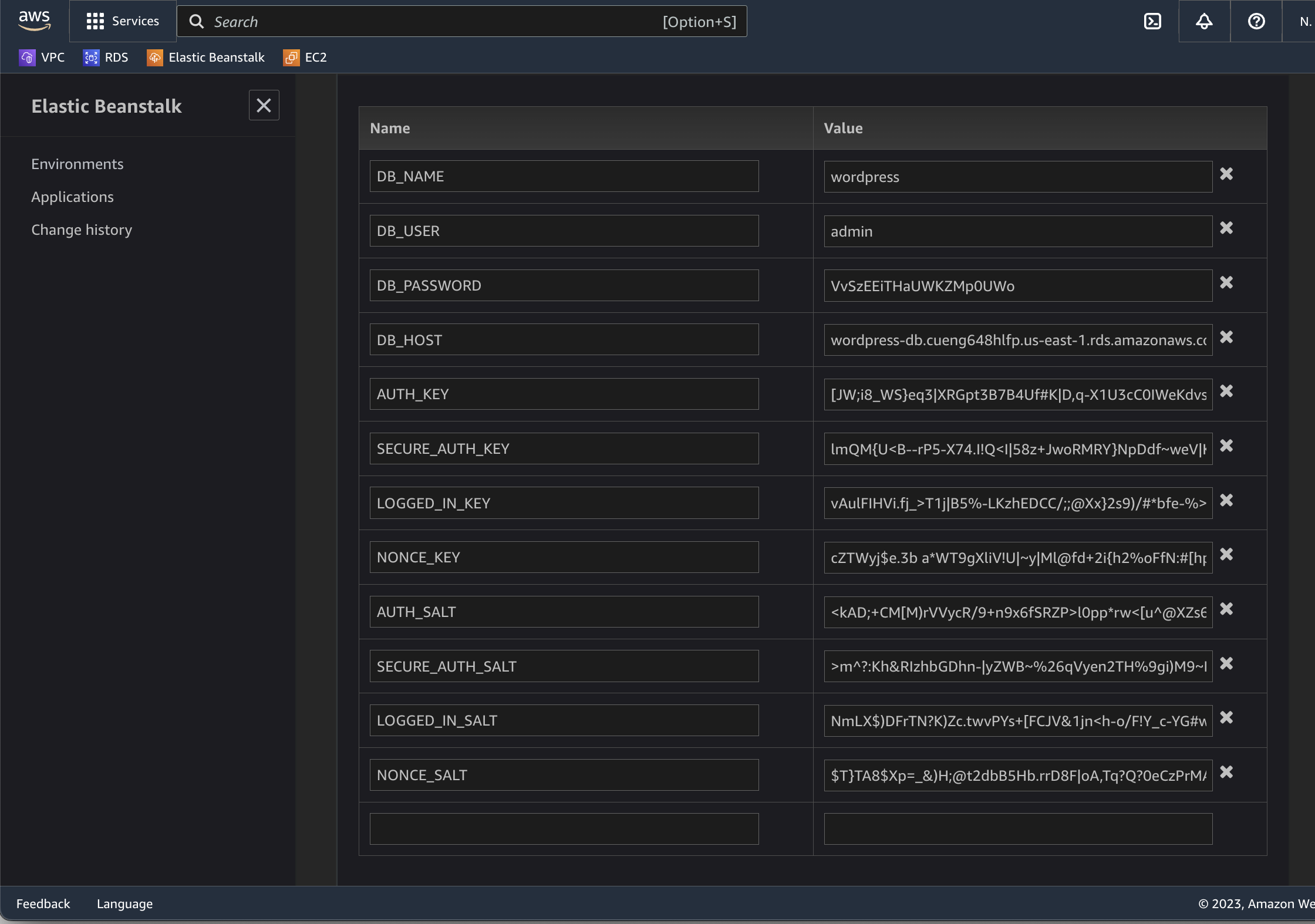 Image: Adding database connector information, auth keys and salts to your Elastic Beanstalk application as static Environment Variables.