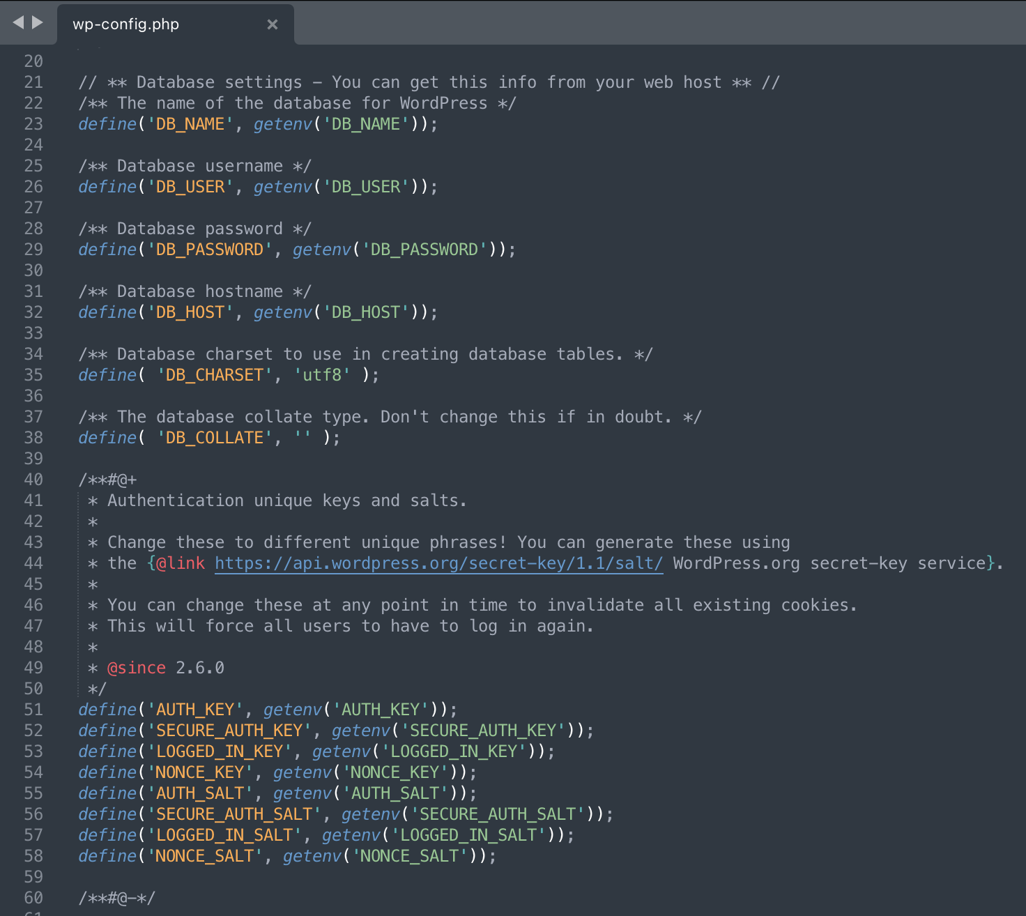 Image: Adding database connector information to wp-config.php.