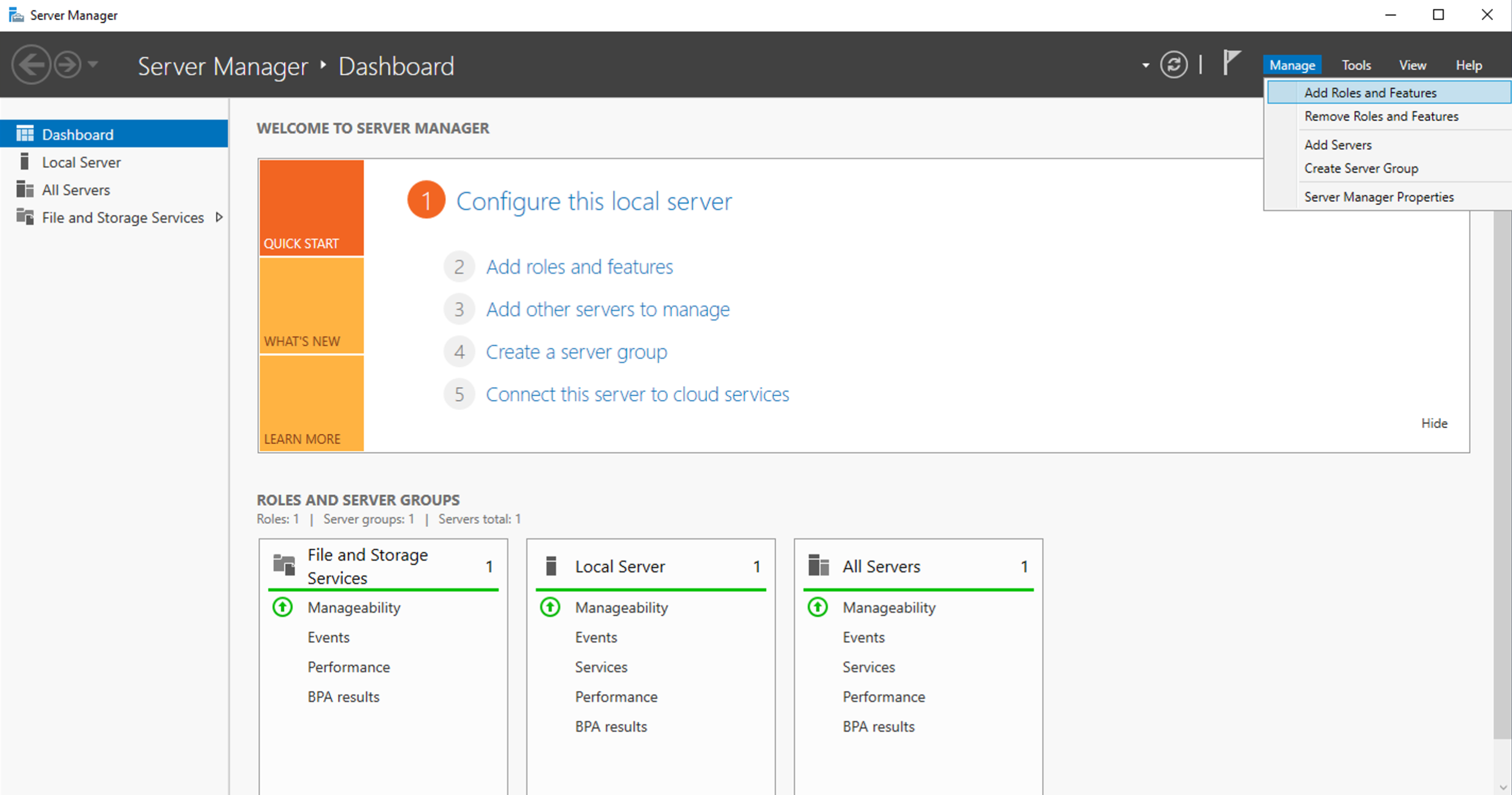 Image: Server Manager - Manage menu