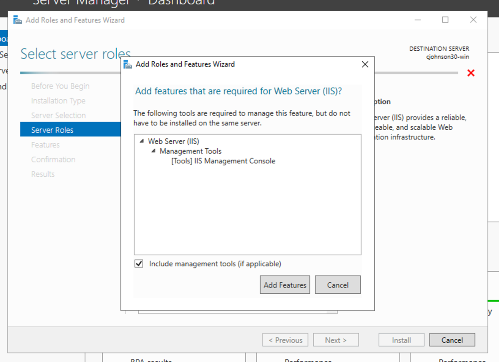 Image: Server Manager - IIS Role Selection, Add Features