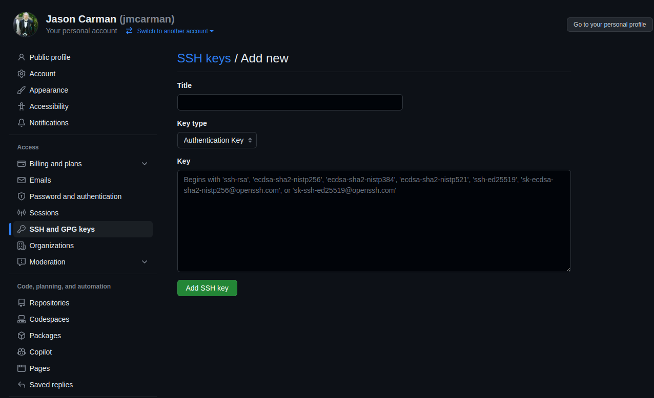 Adding your public key to github.com