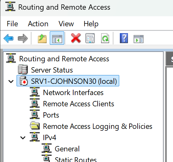 Fig 3. RRAS service offline with red status icon.