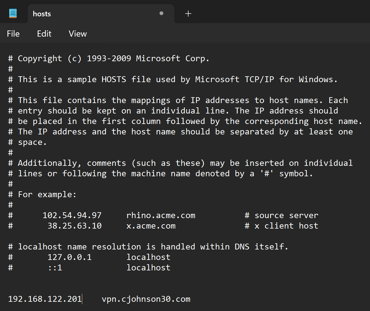 Fig 14. Example VPN entry in hosts file.