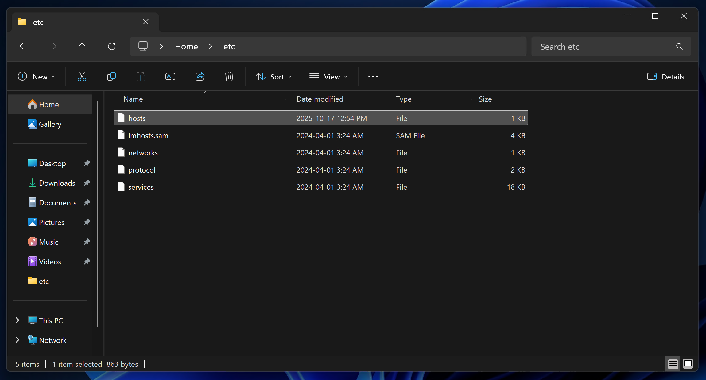 Fig 13. List of files in: C:\Windows\System32\drivers\etc