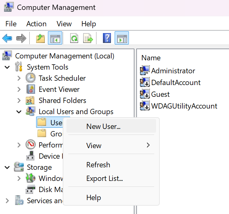 Fig 10. New User selection from context menu.