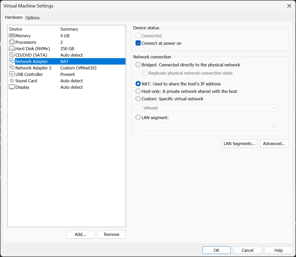 Fig 2. NIC1 connected in VMware's Hardware Settings.