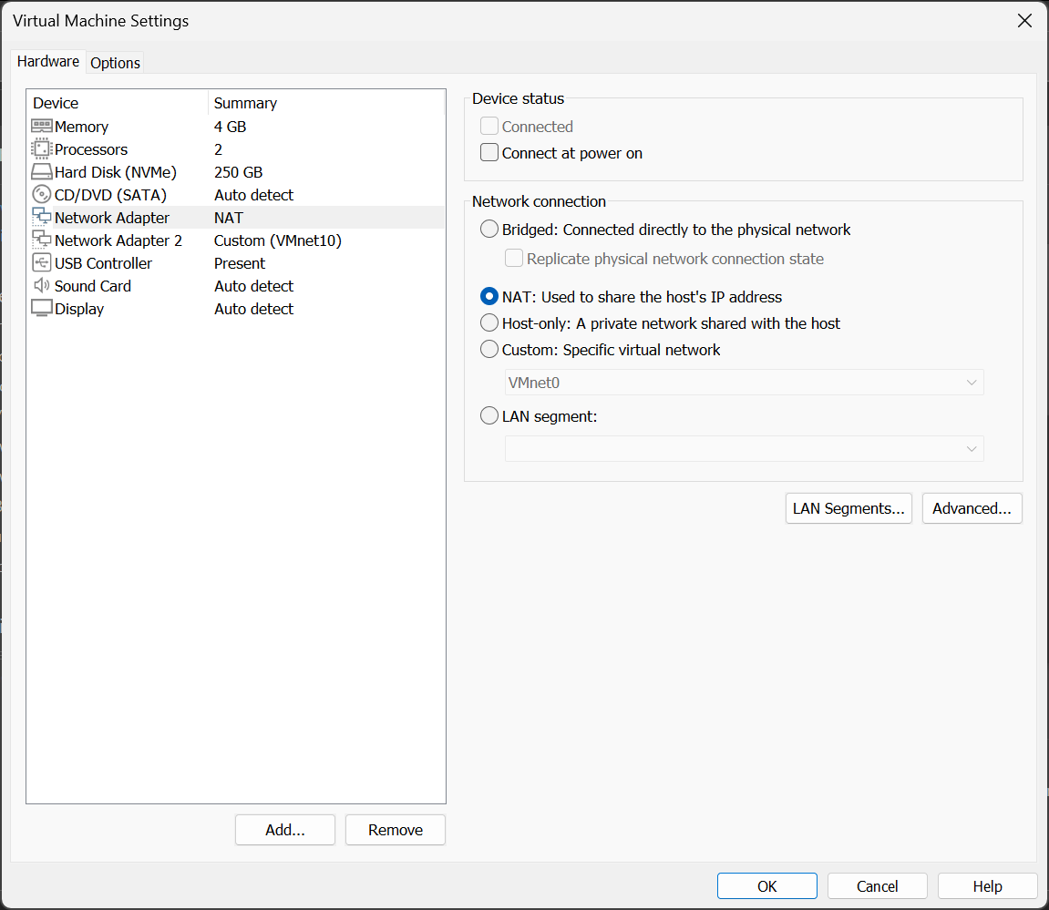 Fig 3. NIC1 disconnected in VMware's Hardware Settings.