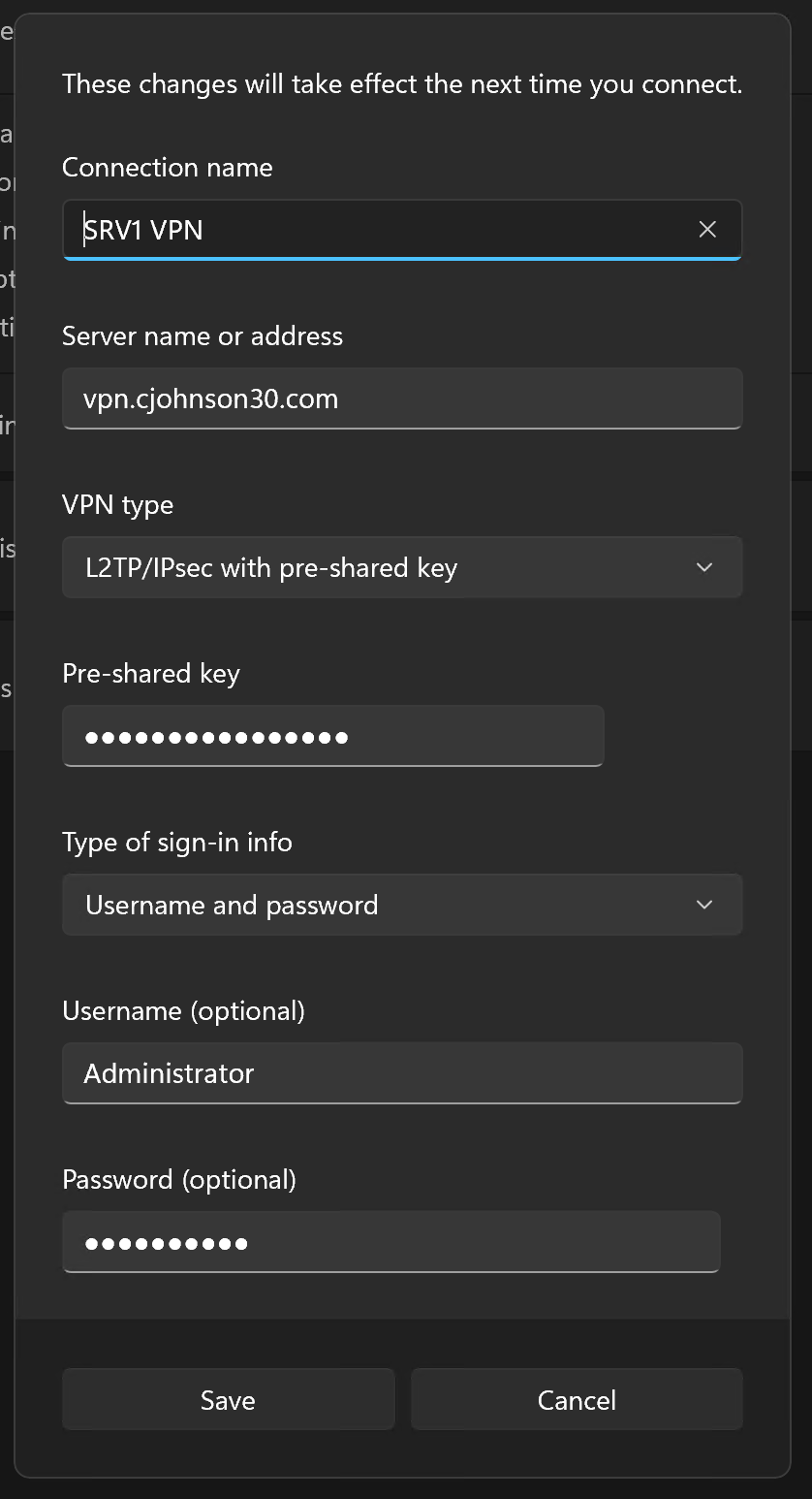 Fig 15. Example of filled out VPN client information.